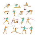 Vector set of people in sport poses. Track and field athletic contest concept. Sportsman flat icons on white