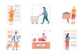 Vector set of people in supermarket store. Woman and man characters buy grocery. Isolated illustration. Woman takes