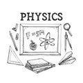 Vector set of Physics science theory and bonding formula equation, tool model icon in white isolated background. Doodle