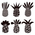 Vector set of pineapples. Tropical fruits with ornament. Hand drawn doodle collection, silhouette. Monochrome icons. An exotic