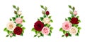 Set of pink, burgundy and white roses corners. Vector illustration. Royalty Free Stock Photo