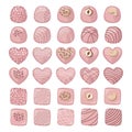 Vector set of pink chocolate candies of different shapes isolated on white background