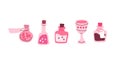 Vector set of pink goblets, witch potion bottles on white. Wizard bottle with elixir. School of magic accessories set.
