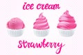Vector Set of pink ice cream with strawberry of different shapes in a cup on transparent background lettering hand made text Royalty Free Stock Photo