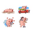 Vector set of pink pigs in different situations. Funny farm animal. Cartoon characters Royalty Free Stock Photo