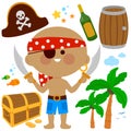 Cartoon pirate captain with sword, barrel of rum and cartoon fish. Pirate captain boy and treasure map. Vector illustration Royalty Free Stock Photo