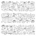 Vector set with pirate elements for birthday party for little children. Kids pattern with octopus, beach, treasure chest