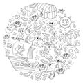 Vector set with pirate elements for birthday party for little children. Kids pattern with octopus, beach, treasure chest