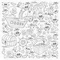 Vector set with pirate elements for birthday party for little children. Kids pattern with octopus, beach, treasure chest