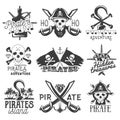 Vector set of pirates logos, emblems, badges, labels or banners. Isolated vintage style illustrations. Monochrome flags