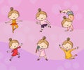 Vector set of playing creative children in doodle style, kids drawing on soft backround.