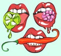 Vector Set of Pop Art Lips With Pepper, Berry and Lime