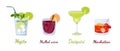 Vector set of popular alcoholic cocktails isolated on a white background. Cocktail menu. Mojito, mulled wine and Royalty Free Stock Photo