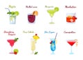 Vector set of popular alcoholic cocktails isolated on a white background. Cocktail menu. Mojito, mulled wine and Royalty Free Stock Photo