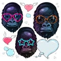 Vector set portrait monkey, gorilla in the fashion bright glasses, portrait of monkey in sunglasses