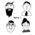 Vector set of portraits of people. Cartoon funny minimalistic characters. Contoured doodles of people`s faces with different