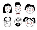 Vector set of portraits of people. Cartoon funny minimalistic characters. Contoured doodles of people`s faces with different