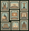 Set of postage stamps on the travel theme