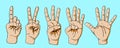 Vector set posture of counting fingers 1-2-3-4-5 isolated on blue background, cartoon sketch drawing style. body language gesture