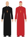 Vector set of priest dressed in black and red cassock, isolated on white background