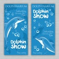 Vector set of printable dolphinarium banner with hand drawn cartoon dolphins and text. Can be used as a ticket design