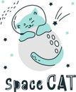 Vector set for printing on children's products. An astronaut cat hugs the moon and sleeps on it. Space cat