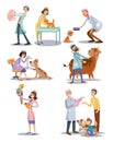 Vector set of professional vet doctors, animals, veterinary, clinic for pets. Cartoon characters, medical care concept.