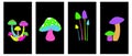 Vector set of psychedelic neon mushrooms posters template. Colored acid rainbow mushroom hippy stale. Vector