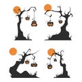 Vector Set of Pumpkin Lamp at the Tree in Halloween Night