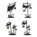 Vector Set of Pumpkin Lamp at the Wooden Posts in Halloween Night