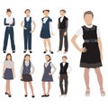 Vector set of pupils silhouette in school uniform on white background. Female dress code clothes