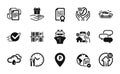 Vector set of Rainy weather, Checkbox and Loyalty program icons simple set. Vector