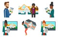 Vector set of real estate agents and house owners.