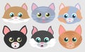 Vector set of realistic cat faces isolated on gray background. Cartoon emotional muzzles of cats.