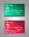 Vector set Realistic credit bank card mockup. Dollar, heart, sign, halftone, red, pink, scarlet, green