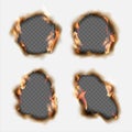 Vector set of realistic holes burnt in paper with brown edges an