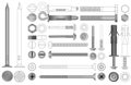 Vector set of realistic and line nuts, bolts, screws and rivets. Royalty Free Stock Photo