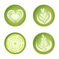Vector set with realistic matcha latte drink art: tulips, hearts, flower. Top view of healthy green tea