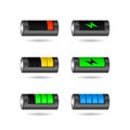 Vector set of realistic smartphone battery indicator from low to full, isolated on white background.