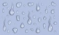 Vector set of realistic water drops and splash different sizes on a transparent background, condensation of rain, vector. Royalty Free Stock Photo