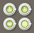 Vector set with realistic white cups with matcha latte drink. Top view of healthy hot green beverage. 3d template of mug with tea