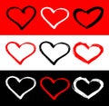 Vector set of red, black and white hearts shape. Hand drawn heart frames and stamps. Grunge brush painting Valentine`s Day symbol