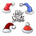 Vector set red and blue Christmas Santa Claus hats isolated on white background with lettering Hello Santa Royalty Free Stock Photo