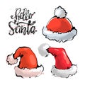 Vector set red Christmas Santa Claus hats isolated on white background with lettering Hello Santa Royalty Free Stock Photo