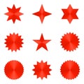 Vector set of red color icon of star flower with rays. Starburst star background pattern for speech sticker promo,label,badges,tag