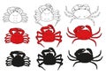 Vector set of red crabs. A collection of elements of sea food CRABS, of different types and shapes, drawn in a sketch style, top