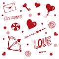 Vector set with red doodles to Valentine's day. Set of love doodle elements set isolated on white background, hand drawn