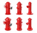 Vector set of red fire hydrants isolated on white background. Realistic 3d objects for city fire fighting department Royalty Free Stock Photo