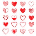 Vector set of red hand drawn hearts. Hand-drawn, doodle elements isolated on white background. Royalty Free Stock Photo