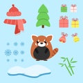 Vector set of red panda with xmas staff: lollipop, gifts, tree, iceberg, hat and scarf, bamboo and bells.